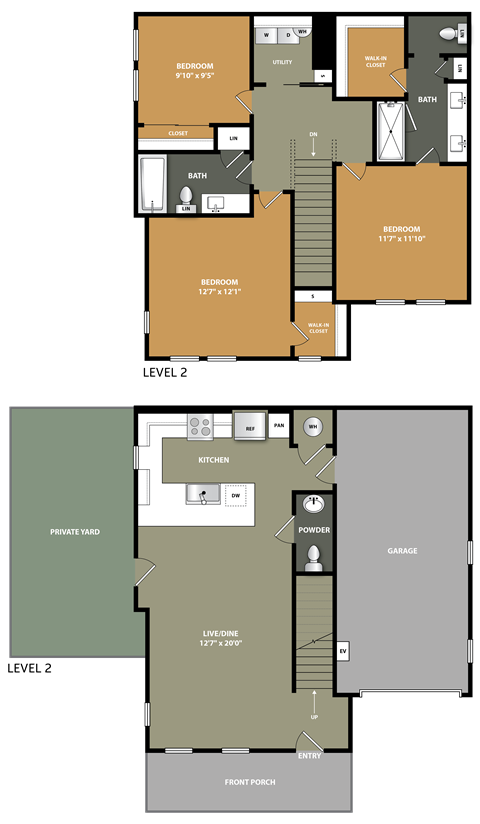 A floor plan of a two-story residential building with labeled rooms.